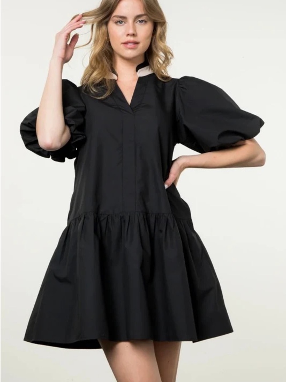 THML Black Puff-Sleeve Tiered Mini Dress